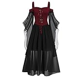 Astarcoo Damen Gothic Mittelalter Kleid Übergroßes Mesh Festlich Schnürkleid mit Schmetterlingsärmeln Maxikleid Renaissance Party Dress Karneval Cosplay Halloween Kostü