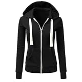 Riou Kapuzenjacke Damen Mäntel,Winter Warmer Hoodie Pullover lang Strickjacke Winterjacke Frauen Langarm Patchwork Volltonfarbe mit Kapuze Reißverschluss Casual Sport Mantel (L, Schwarz)