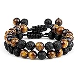 XIAORUI Schwarzer Lavastein Tigerauge Perlenarmband für Männer Frauen Geflochtene Armbänder Einstellbarer Schmuck