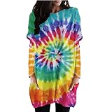 Briskorry Batik T-Shirt Kleid für Frauen Longpullover Rundhalsausschnitt Langarm Halloween Sweatshirt Kleider Tunika Flowy Kleider Swing Strandkleid mit T
