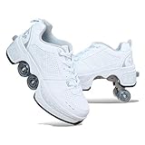 Fbestxie Roller Skates, verstellbar, Inlineskates für Kinder, vier Rollen, Mädchen, Schuhe mit Rollen, Deform Wheels Skates Kick Roller Shoe, Walking Skates Männer Frauen, Weiß - weiß - Größe: 39 EU