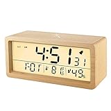 Digitaler Wecker, batteriebetrieben, Temperatur, 15.7 cm, großes Display, Holz, Nachttischuhr mit Schlummerfunktion, Hintergrundbeleuchtung für Schlafzimmer, Home Office (gelb mit warmem Licht)