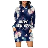 BOTCAM 2022 New Year Drucken Damen Hoodie Kleid Langarm Herbst Winter Kapuzenpullover Mit Taschen Lang Lässig Lose Sweatshirt Damen Oversized Pullover Kleid Partykleid Longshirt Kapuzentop