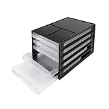 Mestim - Organizer Schubladenbox für Bürobedarf schwarz – 5 durchsichtige Kunststofffächer á 250B x 340T x 230H mm für DIN A4 Formate – Stapelbares Ordnungssystem für Büroartikel auf dem Schreib