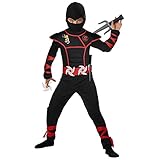 ACWOO Ninja Kostüm Kinder, Kinderkostüm Ninja Anzug, Jungen Ninja Kostüm Kinder für Halloween Karneval Party Cosplay, Rot Schwarz (M(5-7 Jahre))