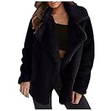 Damen Doppelseitige Fleece Mantel V-Ausschnitt Plüschjacke Revers Lange Ärmel Kurzmantel Lose Wintermantel Warm Cardigan Wollmantel mit Taschen Langarm Casual Outwear Winterjacke Mode Kurz C