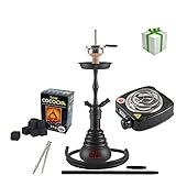 Shisha Set mit Shisha Amy 4-Stars 410/440, Kohleanzünder, Dampfsteine, Naturkohle, Kaminaufsatz und eine kleine Überraschung … (440D - Schwarz/Schwarz-Matt)