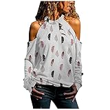 Xmiral Damen Bluse Bedruckte Langarm T-Shirts mit Halfterkragen Schulterfrei Langarmshirt mit Hohlloch(a Weiß,M)