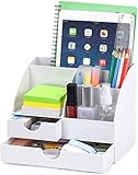 POPRUN Acryl Schreibtisch Organizer Büro Organizer mit Schubladen und Stiftehalter für Büro und Schule, Aufbewahrung für Notizzettel, Hefte, Notizbücher und Briefe ( Weiß )