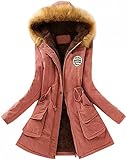nicticsi Winterjacke Damen Lang mit Kunstpelz Kapuze Warm Dicker Winterparka Damenmantel Parka Mantel Damenjacke Fleecejacke Steppjacke Steppmantel Übergangsmantel Windbreaker E Rosa XXL