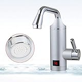 Wasserhahn mit Durchlauferhitzer, 360 Grad Elektrischer Durchlauferhitzer Wasserhahn,LED-Display Wassertemperaturanzeige mit Sofortiger Warmwasserbereiter 3000W, Silb