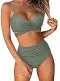 Vialogry Damen-Bikini-Badeanzug, Push-Up-Hose, hohe Taille, 2-teiliger Badeanzug, überkreuzt, hohe Taille, String-Badeanzug, armee-grün, L