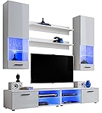 ExtremeFurniture Vida Wohnwand, Karkasse in Weiß Matt/Front in Weiß Hochglanz mit LED in B