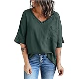 NPRODLO Damen Lässig Sexy Große Größe Halbe Ärmel Tiefer V-Ausschnitt Lose Crop-Tops Bluse Hemden Frauen Einfarbig Sommer Übergroß Baumwolle Leinen Seitenschlitz Oberteile T-shirt Pullover mit T