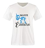 Comedy Shirts - Das letzte Einhorn - Skelette - Herren V-Neck T-Shirt - Weiss/Schwarz-Blau Gr. L