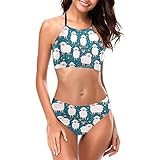 Delerain Damen High Neck Neckholder Badeanzüge Cute Cartoon Schaf Polsterung Bikini Set 2 Stück Badeanzüge S-XXL - - S