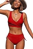 Beachsissi Damen Hoch taillierte Badeanzüge Criss Cross Drawstring Side Bikini Sets Lace Up 2 Stück Badeanzüge, Rot, M