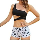 TRFPLOOC Damen Bikini Set One Shoulder Bikini Bademode mit Hotpants Zweiteiliger Badeanzug Swimsuit (Schwarz, L)