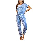 Xniral Damen Jumpsuits Tie-Dye Farbverlauf Slim Fit Kurzarm Pyjama Sportswear mit Tasche und Tunnelzug Einteilige lässige, Bequeme Hausanzüge(Blau,XXL)