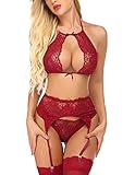 Avidlove Damen Dessous-Set Spitze mit Strumpfgürtel, sexy Teddy Babydoll Bodysuit Dessous Sets (keine Strümpfe), burgunderrot, M