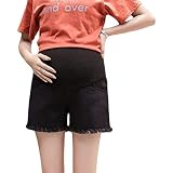 Kaerm Damen Umstandsmode Denim Jean Shorts Umstandsjeans Jeansshorts Umstandsshorts mit Bauchband Quastensaum für Sommer Schwarz M