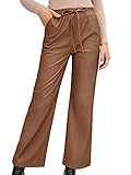 Kewya Damen Street Casual Weite Bein Hose Sexy Wild PU Leder Hose Einfarbig Elastischer Kordelzug Hohe Taille (Braun/Schwarz), braun, L