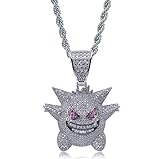 KMASAL Unisex-Halskette mit Anhänger „Gengar“, vollständig mit Kristallen besetzt, 18 Karat vergoldet, mit 61 cm langer Edelstahlkette, für Herren und D