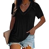 T-Shirt Damen Oversized Lose Bequeme Lässige Mode Einfarbig V-Ausschnitt Kurzärmelige Damen Oberteile Basic Klassische All-Match Damen Top Sommer Damen Bluse A-Black XL