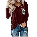 Lazzboy Store Langarmshirt Leopardenmuster Damen V-Ausschnitt Spleißen Blusen Tops Rundhals Leicht Longsleeve T-Shirt Langarm Freizeit Stretchbar Shirt Basic Oberteil(Wein,Wein)
