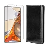 SCDMY LederHülle für Xiaomi 11T Pro (6.67')+ HD Schutzfolie, Business PU Flip Leder Hülle Cover Ständer Funktion Handyhülle mit Kredit Card Slots Wallet Case Handytasche - Schwarzer - Schw