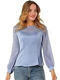 Allegra K Damen Elegant Satin Chiffon Panel Shirts Rundhals Sheer Langarm Bluse, blau, 34