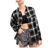 Loiy Kapuzenpullover Damen Hemdjacke Hemdbluse Herbst Winter Freizeit Karobluse Retro Karo Basic Jacke B