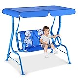 RELAX4LIFE Kinder Hollywoodschaukel 2-Sitzer, Kinderschaukel Welpenmuster, Schaukelbank mit Sonnendach, Gartenschaukel mit 2 Sicherheitsgurten, Gartenbank Stahlgestell, Blau, 117 x 78 x 116