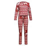 Weihnachten Schlafanzug Damen Lang Pyjama Set Bequeme Zweiteiliger Hausanzug Nachtwäsche mit Elchdruck und Schneeflocken Schlafanzughose Loungewear Freizeitanzug Homewear Weihnachtspyj