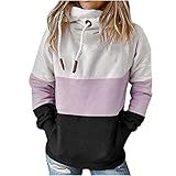 Damen Hoodies Farbblock Sweatshirt Gestreifte Pullover Casual Kapuzenpullover Langarm Shirts Rollkragenpullover Kordelzug Oberteil mit Taschen Hoodies Patchwork