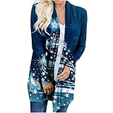 Strickjacke Damen Weihnachtsbluse mit Weihnachtsbaum Druck Winter Leichter Mantel Knopflose Langarm Lang Elegant Cardigan Oberteile Mittellange Offen Front Oberbekleidung Xmas Lange Long