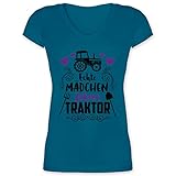 Landwirt Geschenk Bauer - Echte Mädchen Fahren Traktor - schwarz - XL - Türkis - 32 - XO1525 - Damen T-Shirt mit V