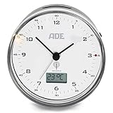 ADE Funkwecker CK2022 analoge Anzeige, Geräuschloser Wecker ohne Ticken mit Innentemperatur- und Datumsanzeige, Display-Beleuchtung, Snooze-Funktion, DCF-Funksignal, in weiß, Durchmesser 8,2