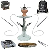 Gluecksrauch Shisha Set komplett 2 Anschlüsse 2 Schläuche Wasserpfeife Alu transparent Shiny - 48cm Kohle Anzünder Kamin Tabakkopf Birkenholz T