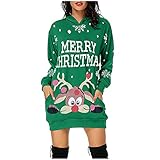 WHSOP Weihnachtskleid Mit Rentier Drucken Kapuzenpullover Rundhals Hoodie Damen Tunika Mit Taschen Pulloverkleid Party KostüM Strickkleid Weihnachtsmuster Minikleider Festlich Damen Winterk