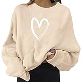 STPT Damen Sweatshirt Rundhals Pullover Langarmshirt Baumwolle Herzdruck Oberteil Tops Freizeit T-Shirts B