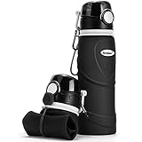 Kemier kollabierbare Silikon-Wasserflaschen-750ML, Medizinische Qualität, BPA-Frei, FDA-Zugelassen, Aufrollen, 26oz, auslaufsicher, Faltbar Sport & Outdoor-Wasserflaschen (Schwarz)