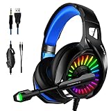 PS4 Gaming-Headset mit 7.1 Stereo-Surround-Sound, Xbox One Gaming-Headset mit Mikrofon und RGB LED-Licht, Geräuschunterdrückung, Over-Ear-Kopfhörer, kompatibel mit PC, PS4, PS5, Xbox On(Color:Blau)