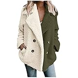 AFFGEQA Damen Wollmantel Farbblock Revers Mittellanger Sweatjacke Plüschmantel Entspannt Sportjacke Windjacke Langarm Streetwear Winterjack