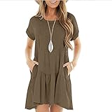 Damen Kleider Sommer Kurzarm Shirtkleider Leicht Freizeitkleid Sommerkleid Damen Casual Lose Kurzarm T-Shirt Kleid Knielang Freizeitkleid Tunika Elegant Swing Kleider Mit Taschen O-Brown L