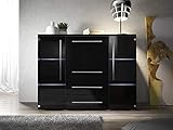 Kommode BARI Hochglanz mit Schubladen und Barfach Wohnzimmer Wohnzimmerschrank LED kostenlos HG Highboard Sideboard Schrank Schlafzimmer Schrank Mehrzweckschrank (Schwarz/Schwarz + Schwarz)