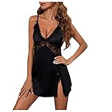 Damen Spitze Nachtkleid V-Ausschnitt Satin Schlafanzug Kurz Sexy Pyjama Schlafanzug Ärmellos Babydoll Dessous Kleid Negligee Cami Top Lingerie Reizwäsche Sleepw