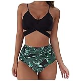 BBRS Damen-Bikini-Set mit Leopardenmuster, Push-Up-Bademode, hohe Taille Gr. L, Schw