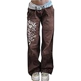 FUZUAA Denim-Hose für Damen, Vintage-Jeans hohe Taille gerader Bein mit Blauer Jeans-Tasche für Mädchen Streetwear (Color : Brown, Size : M)