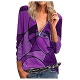 CHUNT Damen T-Shirt Herbst Winter Bedrucktes Langarm Reißverschluss V-Ausschnitt Gesicht Bedrucktes Top B